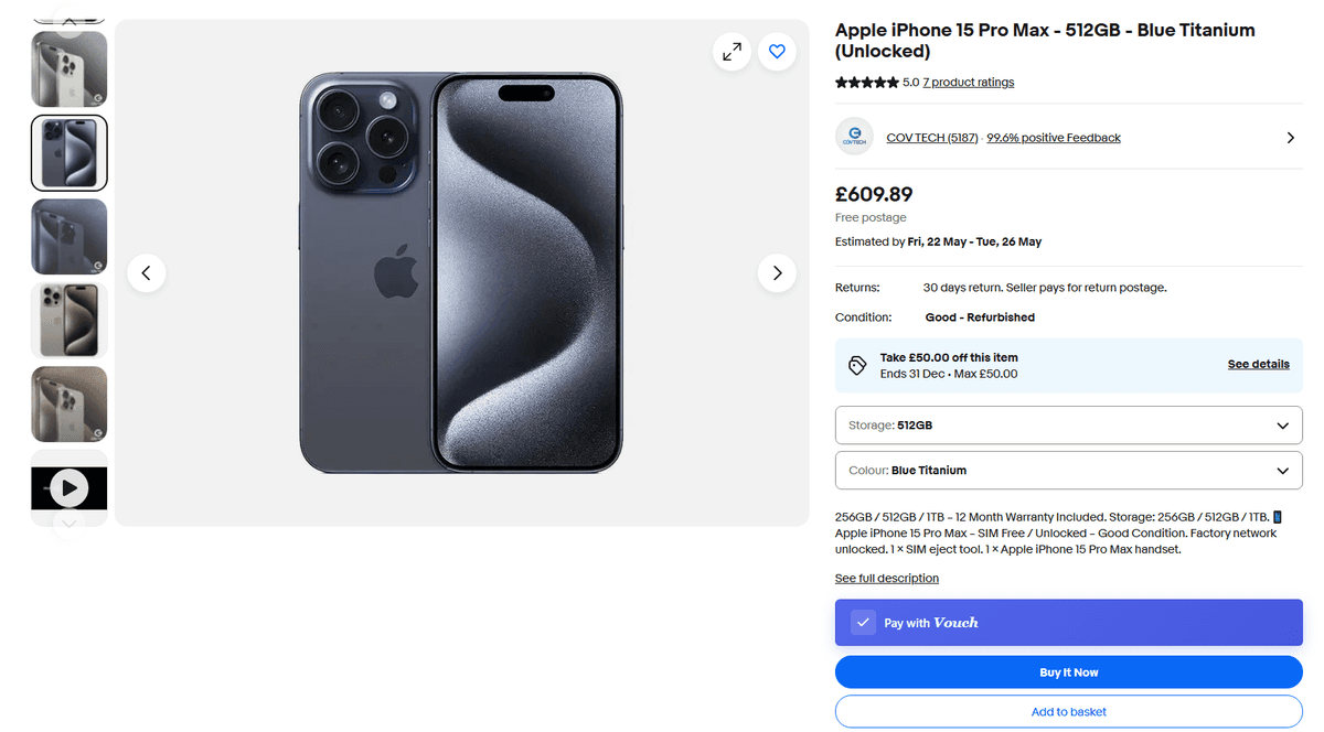 eBay listing with the Pay with Vouch button injected
