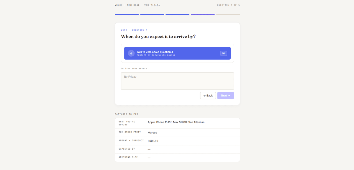 Vouch deal-intake page with Vera asking when delivery is expected