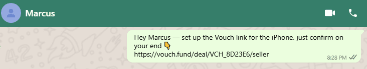 Seller receiving a Vouch deal link in a chat