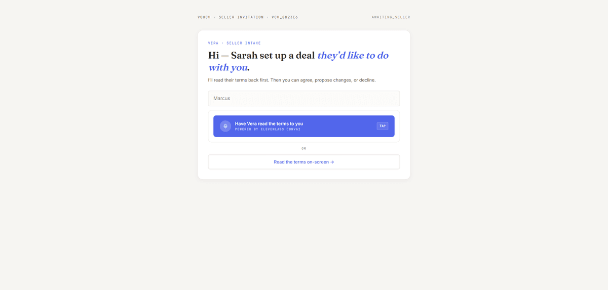Seller intake page with Vera reading the buyer's terms