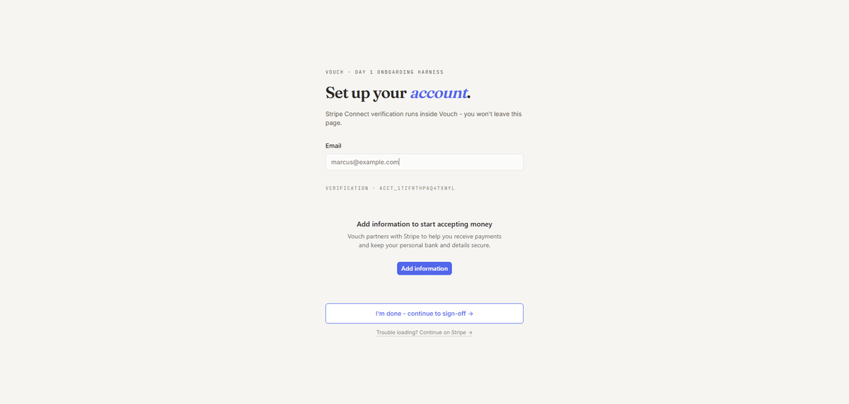 Stripe Connect Express onboarding embedded in Vouch